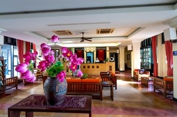 Hotel lobby with a large flower arrangement
